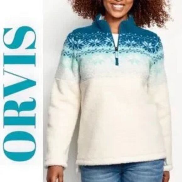 ORVIS Snowflake Deep Pile Fleece 1/4 Zip Pullover Size Medium Cozy Fleece Lined - Picture 1 of 10